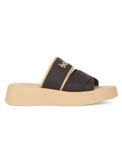 Chloé Mila Linen Logo Slide Sandals In Beigeblack