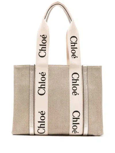 Chloé Women's Woody Medium Linen Tote In Beige