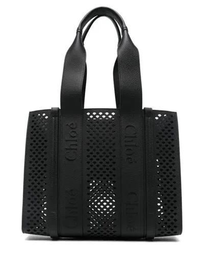 Chloé Woody Leather Medium Tote In Black