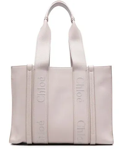 Chloé Woody Leather Medium Tote In Grey