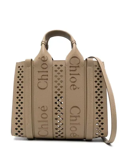 Chloé Woody Leather Small Tote In Brown