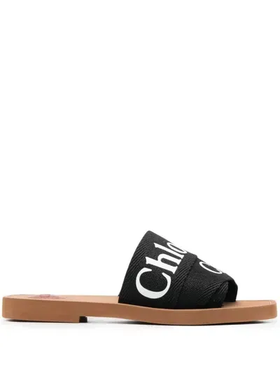 Chloé Chloè Woody Linen Flat Sandals In Black