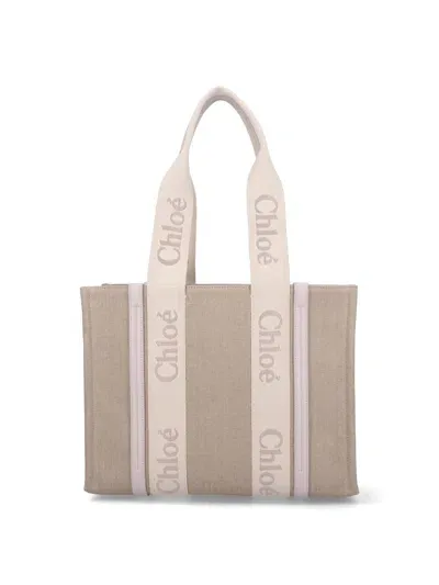 Chloé "woody" Medium Tote Bag In Beige