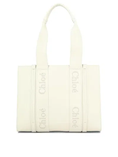 Chloé Woody Medium Tote Bag In Bianco