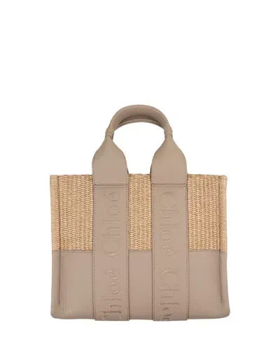 Chloé Woody Small Tote Bag In Leather And Raffia With Embroidered Logo In Grey