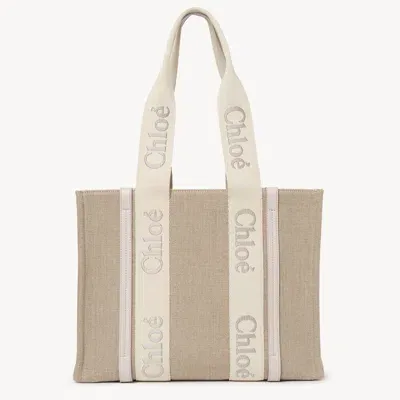 Chloé Sac Cabas Woody En Toile De Lin Femme Gris Taille Onesize 100% Lin, Cuir De Veau In Grey