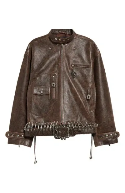 Chopova Lowena Carabiner Belted Distressed Leather Jacket In Brown