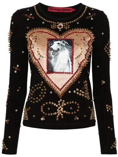 Chopova Lowena Black Dog Beaded Long Sleeve T-shirt