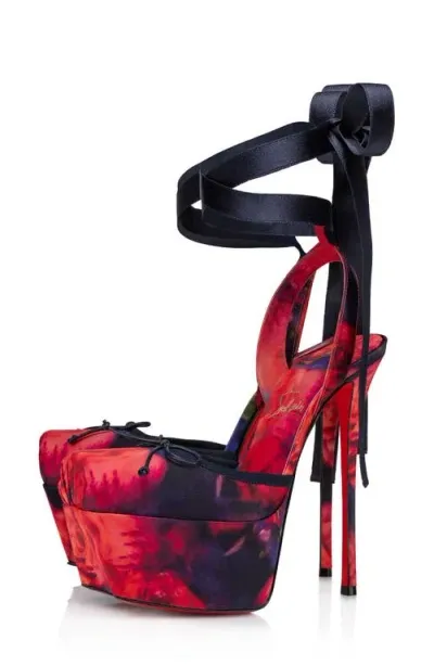 Christian Louboutin Cassia Rose Silk Platform Sandal In Red Multi/lin Multi