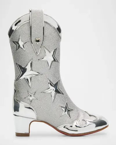 Christian Louboutin Girl's Giddy Calf Leather Cowboy Boots, Toddlers/kids In Silver