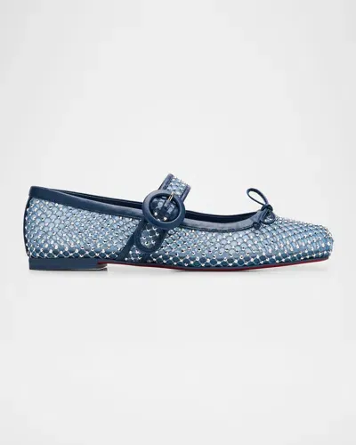 Christian Louboutin Mesh Net Mary Jane Red Sole Ballerina Flats In Denim/crystal