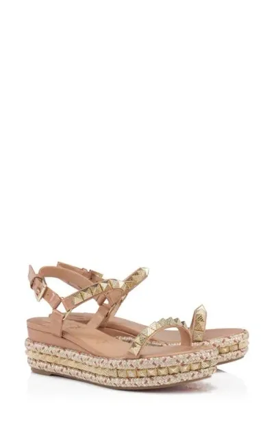 Christian Louboutin Pyraclou Glitter Espadrille Wedge Sandal In Blush/lin Blush