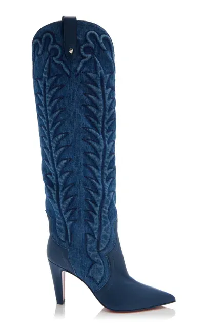 Christian Louboutin Santia 85mm Embroidered Denim Knee Boots In Blue