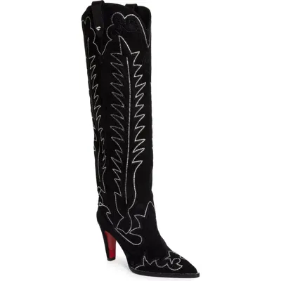 Christian Louboutin Santia Crystal Beaded Knee High Western Boot In Black