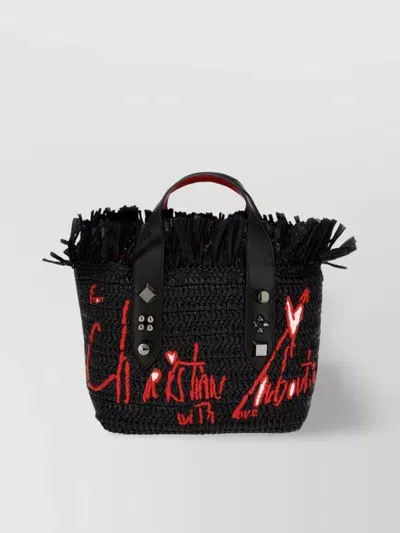 Christian Louboutin Medium Frangibus Raffia Tote Bag In Black And Red