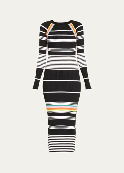 Christopher John Rogers Multi-striped Rib-knit Backless Long-sleeve Dress In Black Multi