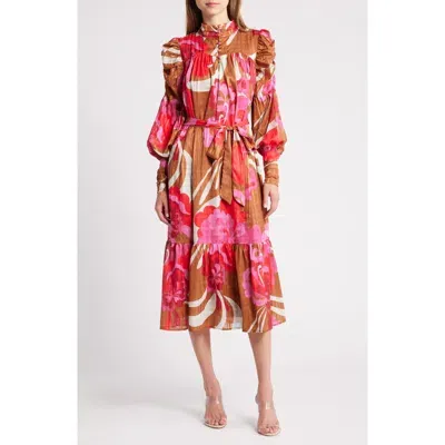 Ciebon Adele Floral Print Long Sleeve Midi Dress In Maroon Multi