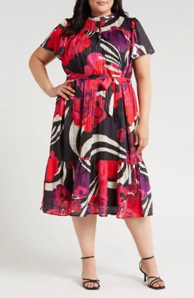 Ciebon Adele Floral Print Long Sleeve Midi Dress In Red Multi