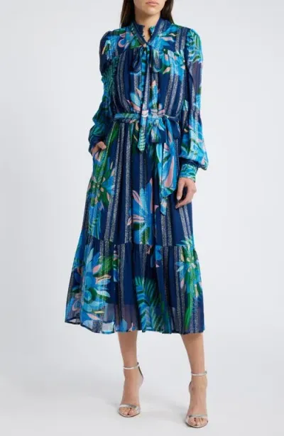 Ciebon Adele Metallic Long Sleeve Midi Dress In Blue Multi