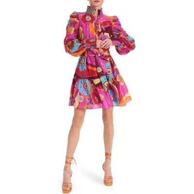 Ciebon Alexis Print Long Sleeve Minidress In Magenta Multi