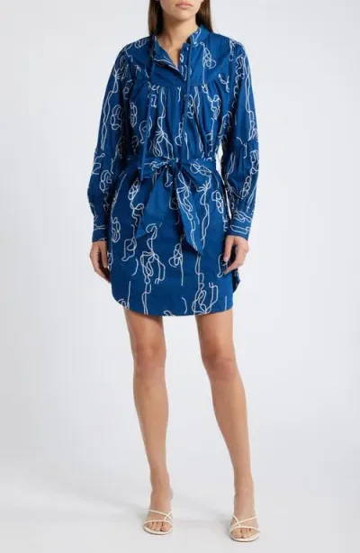 Ciebon Amelie Embroidered Long Sleeve Shirtdress In Navy/white