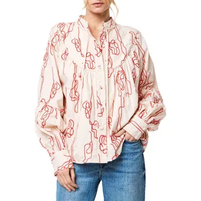 Ciebon Calla Embroidered Tie Neck Shirt In Red Multi