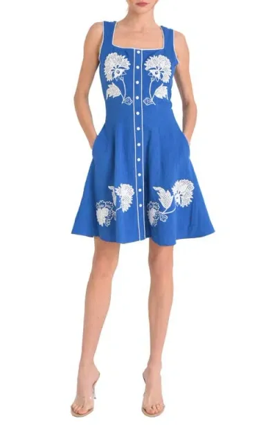 Ciebon Elana Embroidered Snap Front Fit & Flare Minidress In Blue