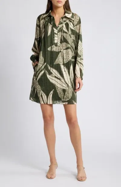 Ciebon Elisa Print Long Sleeve Shirtdress In Olive/sage