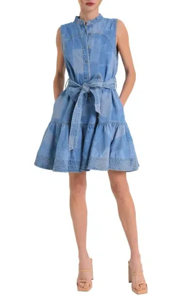 Ciebon Elly Patchwork Denim Mini Shirtdress In Denim Blue