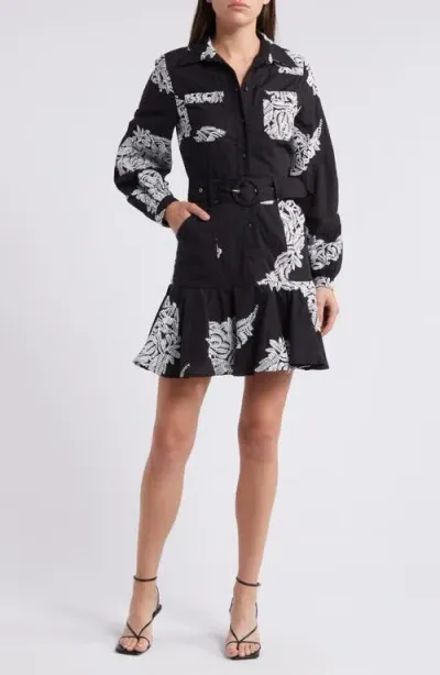 Ciebon Ina Embroidered Long Sleeve Cotton Shirtdress In Black White