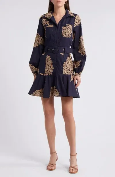 Ciebon Ina Embroidered Long Sleeve Cotton Shirtdress In Navy Tan