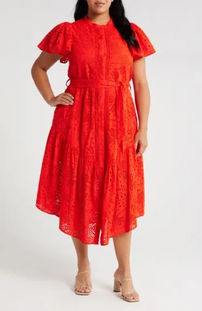 Ciebon Isabella Cotton Eyelet Maxi Shirtdress In Fiery Red