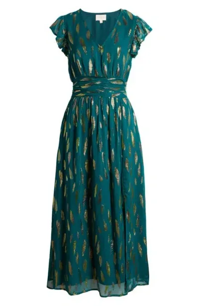 Ciebon Jennsen Metallic Flutter Sleeve Maxi Dress In Teal