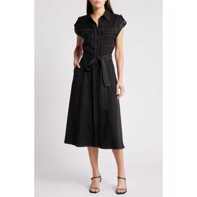 Ciebon Josette Belted Cap Sleeve Shirtdress In Black/white