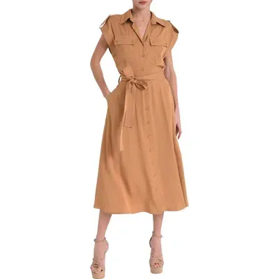 Ciebon Josette Belted Cap Sleeve Shirtdress In Tan Brown