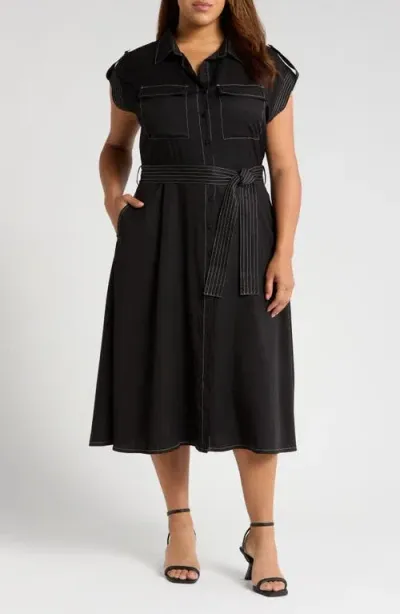 Ciebon Josette Beltled Midi Shirtdress In Black White