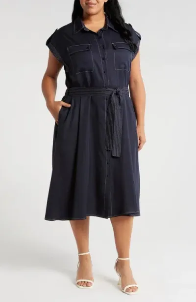 Ciebon Josette Beltled Midi Shirtdress In Navy White