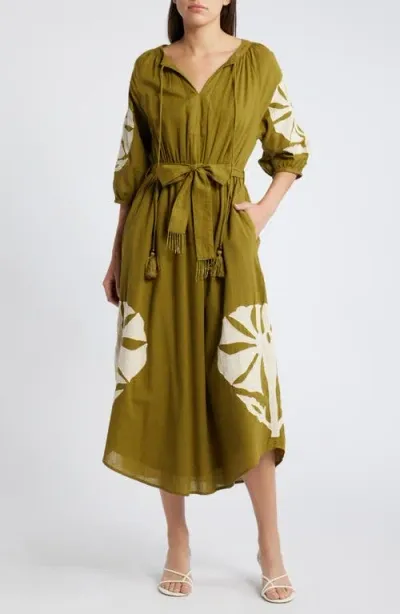 Ciebon Tiana Embroidered Cotton Midi Dress In Green/tan