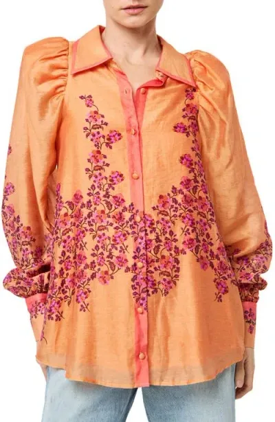 Ciebon Valerie Embroidered Puff Shoulder Shirt In Coral Blush