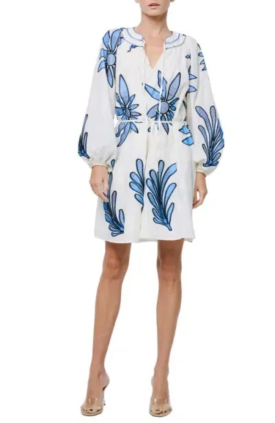 Ciebon Viena Embroidered Long Sleeve Cotton Minidress In Stone/blue