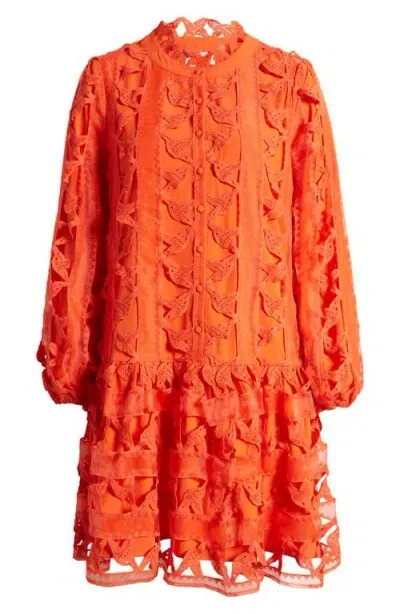 Ciebon Wylla Humbird Lace & Organza Drop Waist Dress In Vermillion Orange