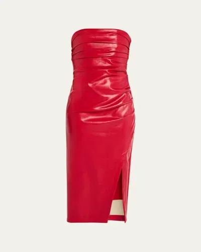 Cinq À Sept Adira Strapless Vegan Leather Midi Dress In Red Currant