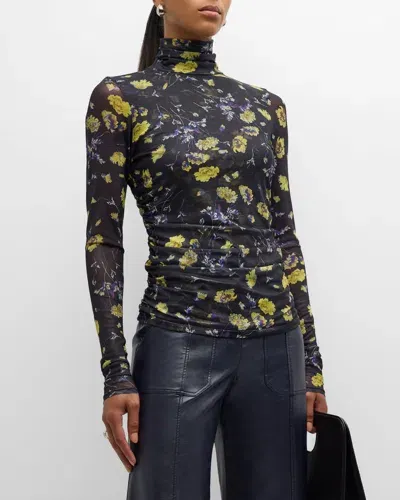 Cinq À Sept Bridgette Shirred Mesh Turtleneck Top In Black Multi