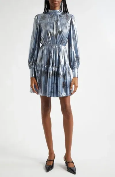 Cinq À Sept Farha Metallic Floral Long Sleeve Tiered Dress In Rustic Blue Multi