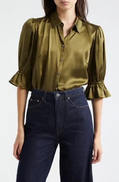 Cinq À Sept Fiona Ruffle Cuff Silk Button-up Shirt In Dark Olive