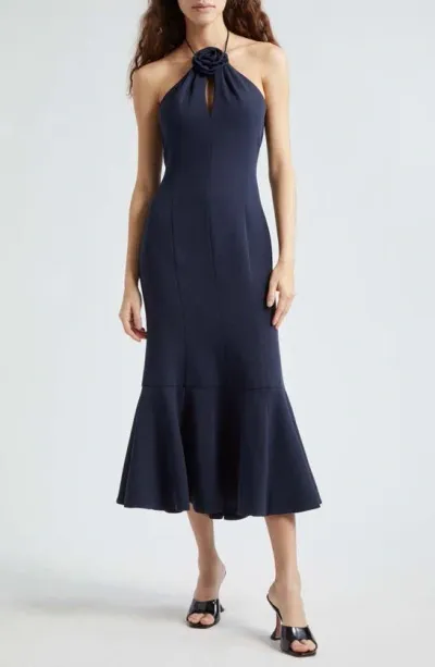 Cinq À Sept Jennie Crepe Flower Midi Halter Dress In Blue