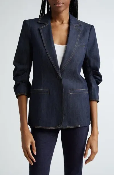 Cinq À Sept Khloe Ruched Sleeve Denim Blazer In Indigo