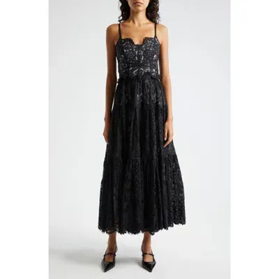 Cinq À Sept Lana Tiered Lace Sweetheart Midi Dress In Black/ivory