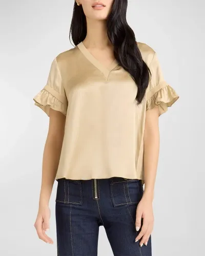 Cinq À Sept Linnea V-neck Ruffle Short-sleeve Silk Top In Khaki