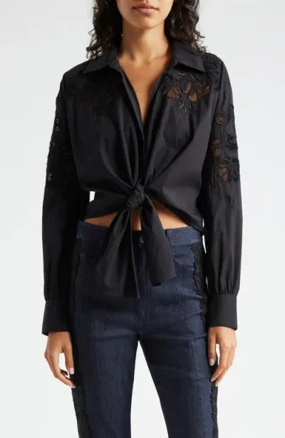 Cinq À Sept Marianna Mesh Embroidered Button-up Shirt In Black